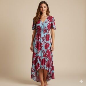 Anthropologie Abel The Label Sz S High Low Tropical Blue Red Ruffle Maxi Dress